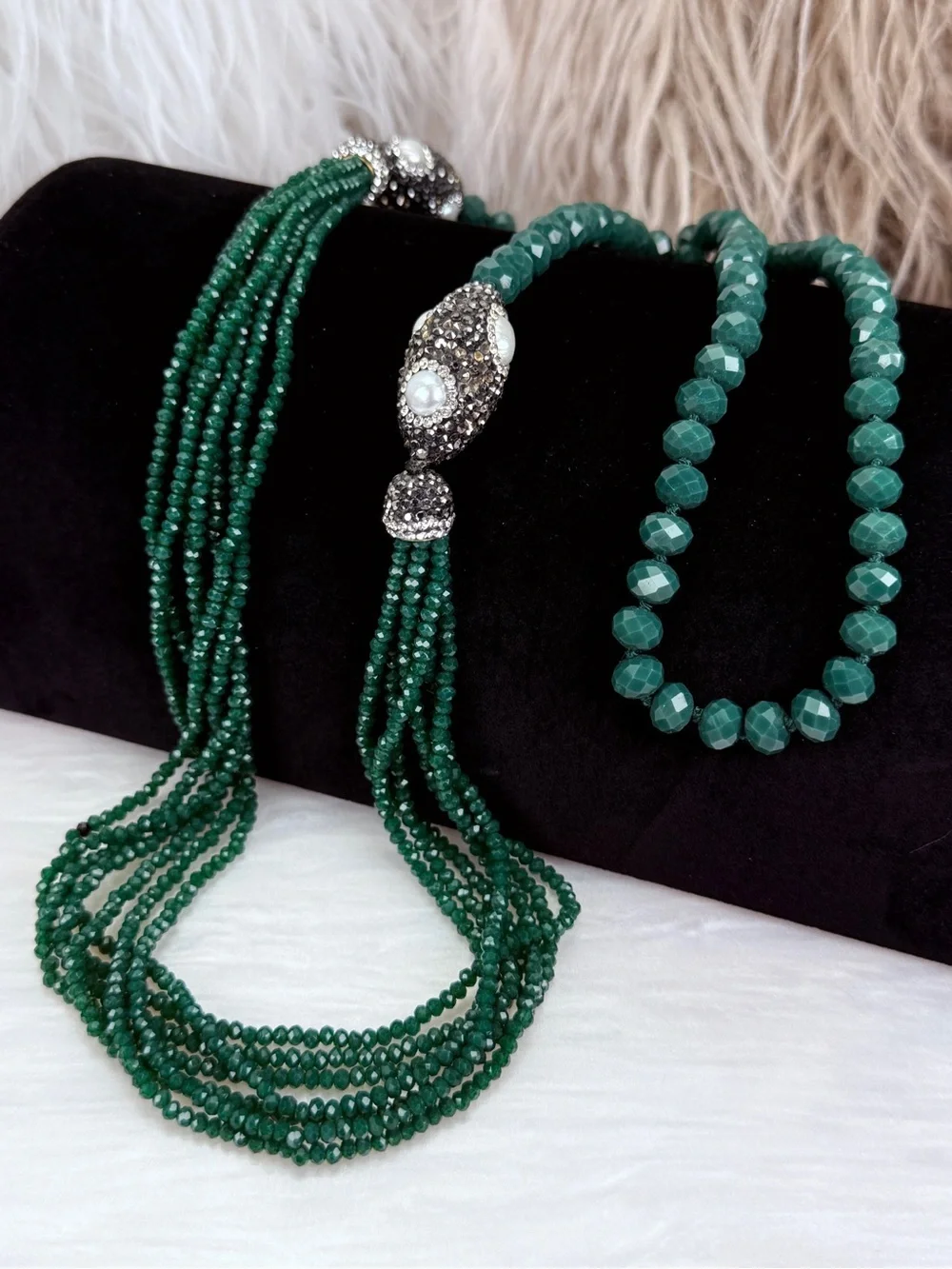 Emerald Green Multi Strand Faceted Bead Ornate Slip On Statement Necklace